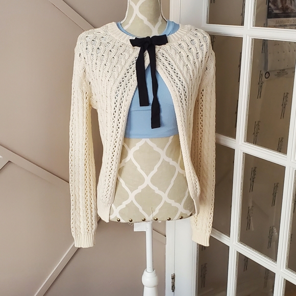 Bethany Mota 2-way to wear Cream Sweater cardigan with black bow. Cotton knitted - Picture 2 of 7